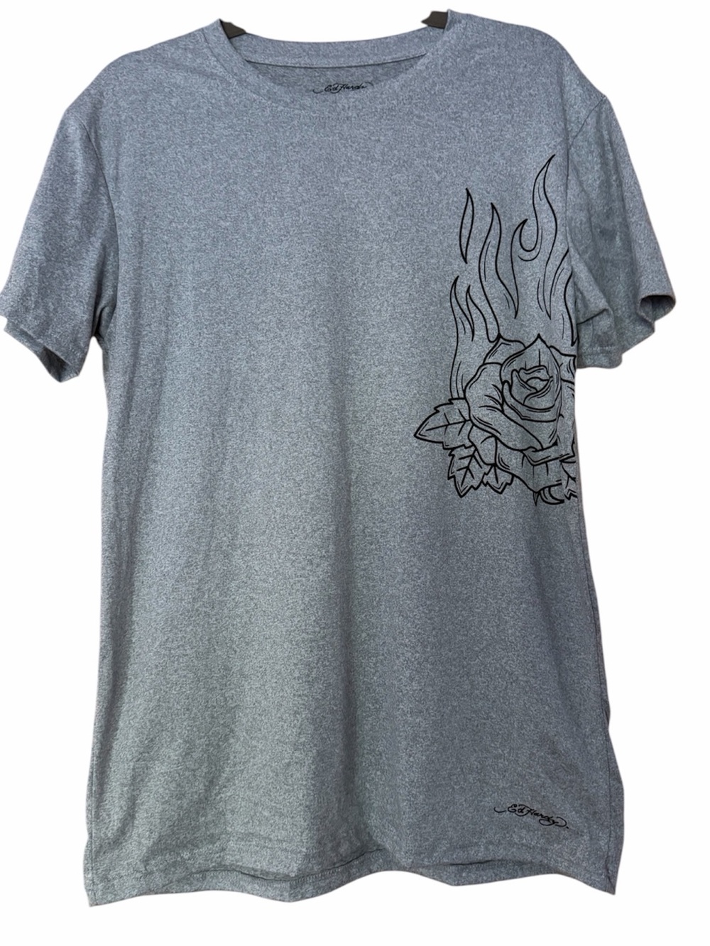 Ed Hardy Men’s Heather Grey Flaming Rose Tattoo Graphic T-Shirt Large L